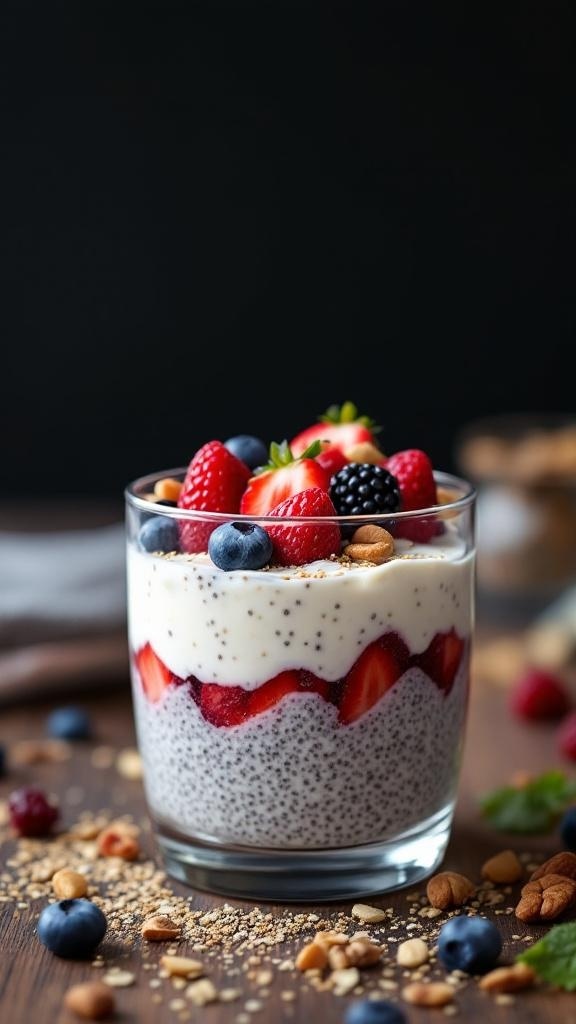 A glass of chia seed pudding layered with cottage cheese, strawberries, blueberries, and nuts.