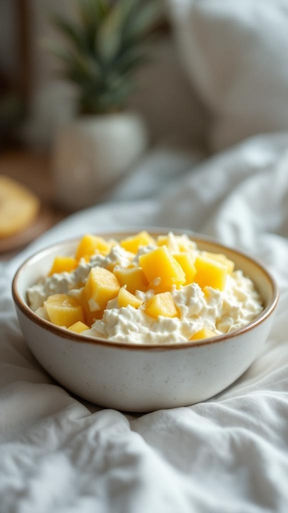 A bowl of cottage cheese topped with pineapple chunks, placed on a cozy bed with soft bedding.