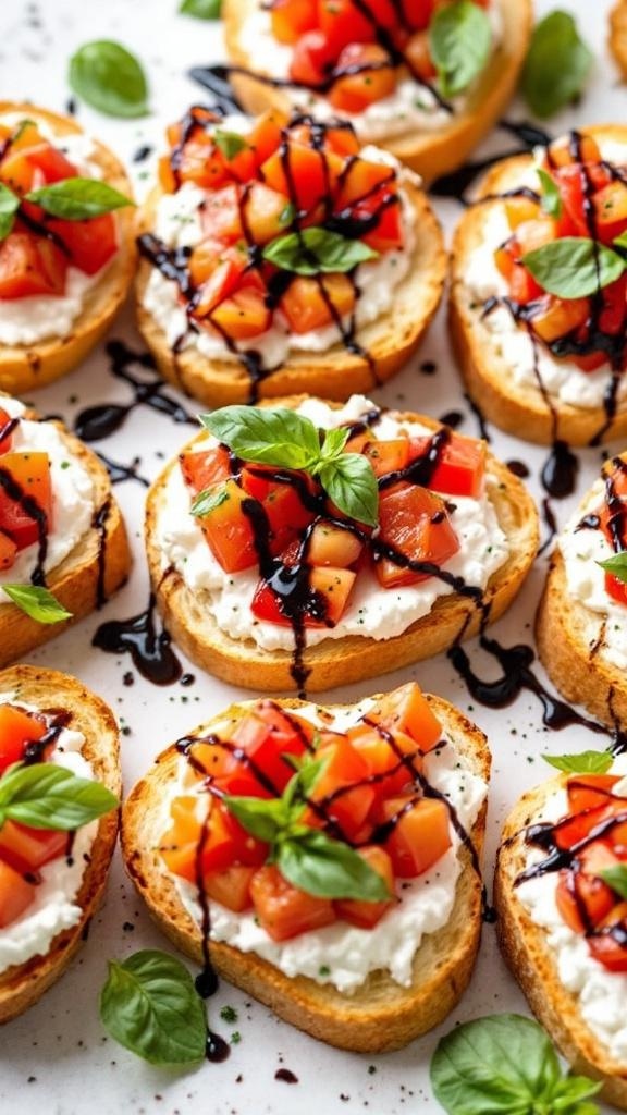 Cottage cheese and tomato bruschetta with fresh basil on toasted bread