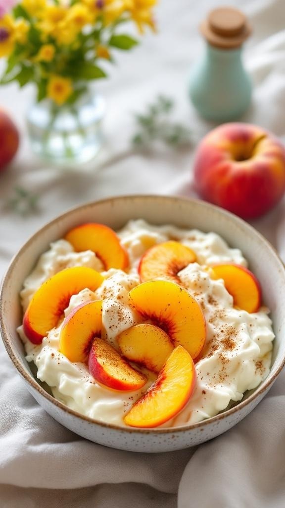 A bowl of cottage cheese topped with fresh peach slices and sprinkled with cinnamon, surrounded by apples and a small vase of flowers.