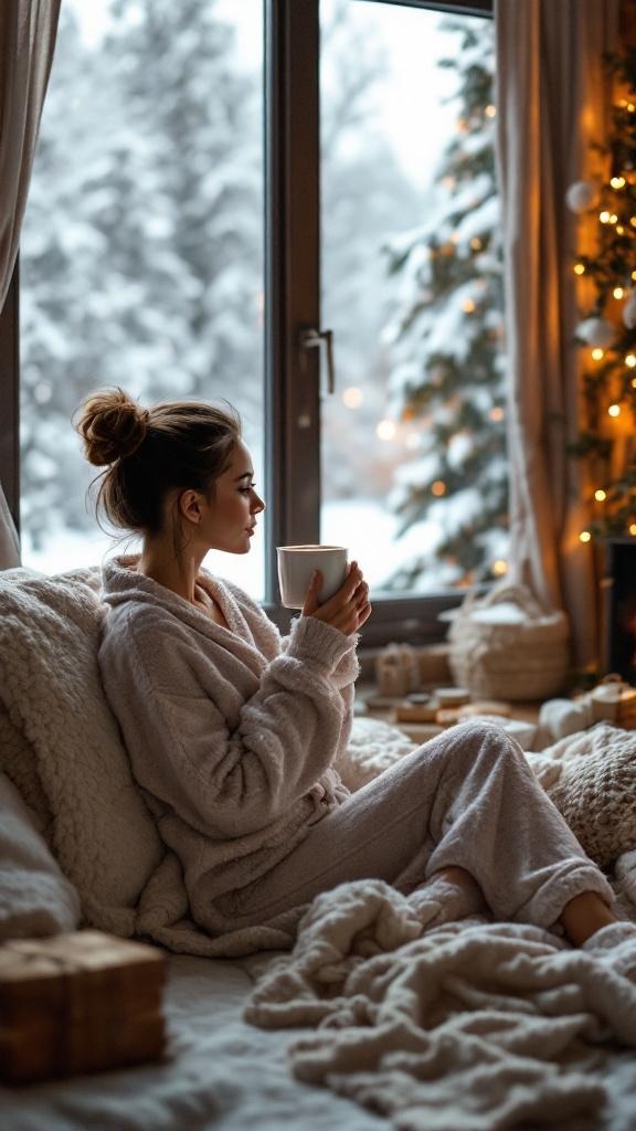 A woman in cozy loungewear sitting by a window with a snowy view, holding a warm drink.
