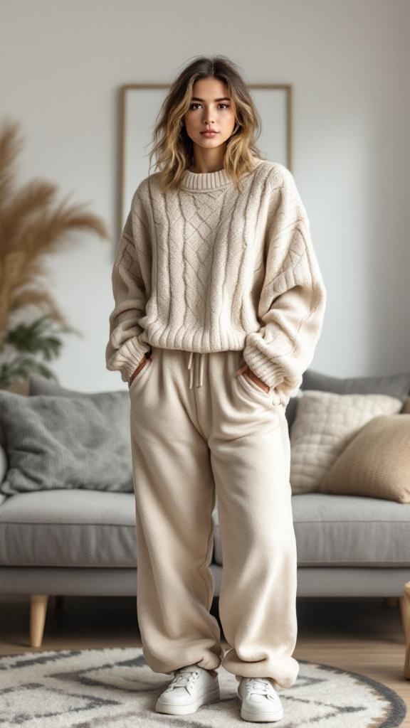 A model wearing a cozy beige oversized sweater and matching sweatpants, standing in a stylish living room.