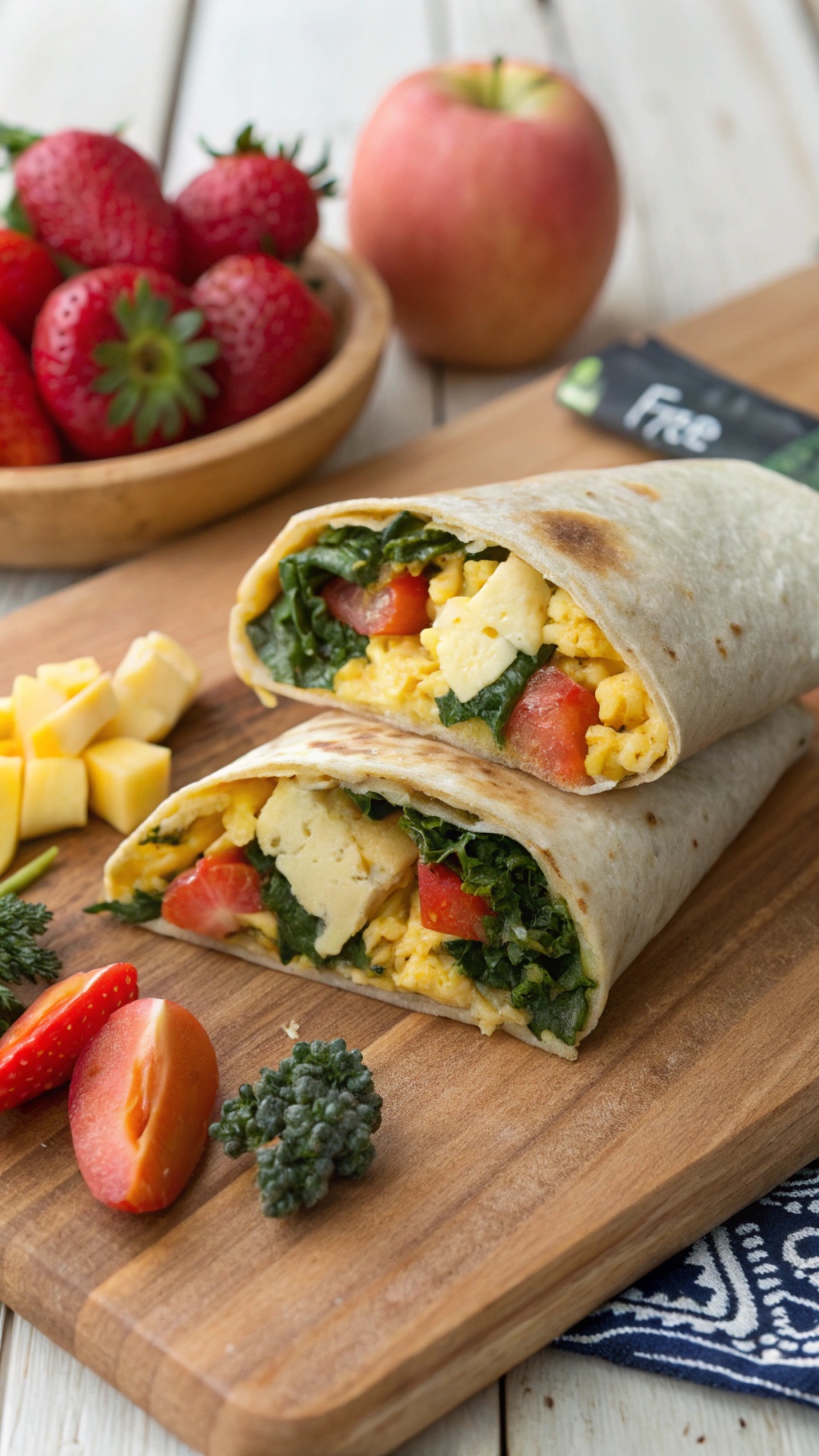 A delicious egg and kale breakfast wrap with fresh strawberries and an apple on a wooden cutting board.