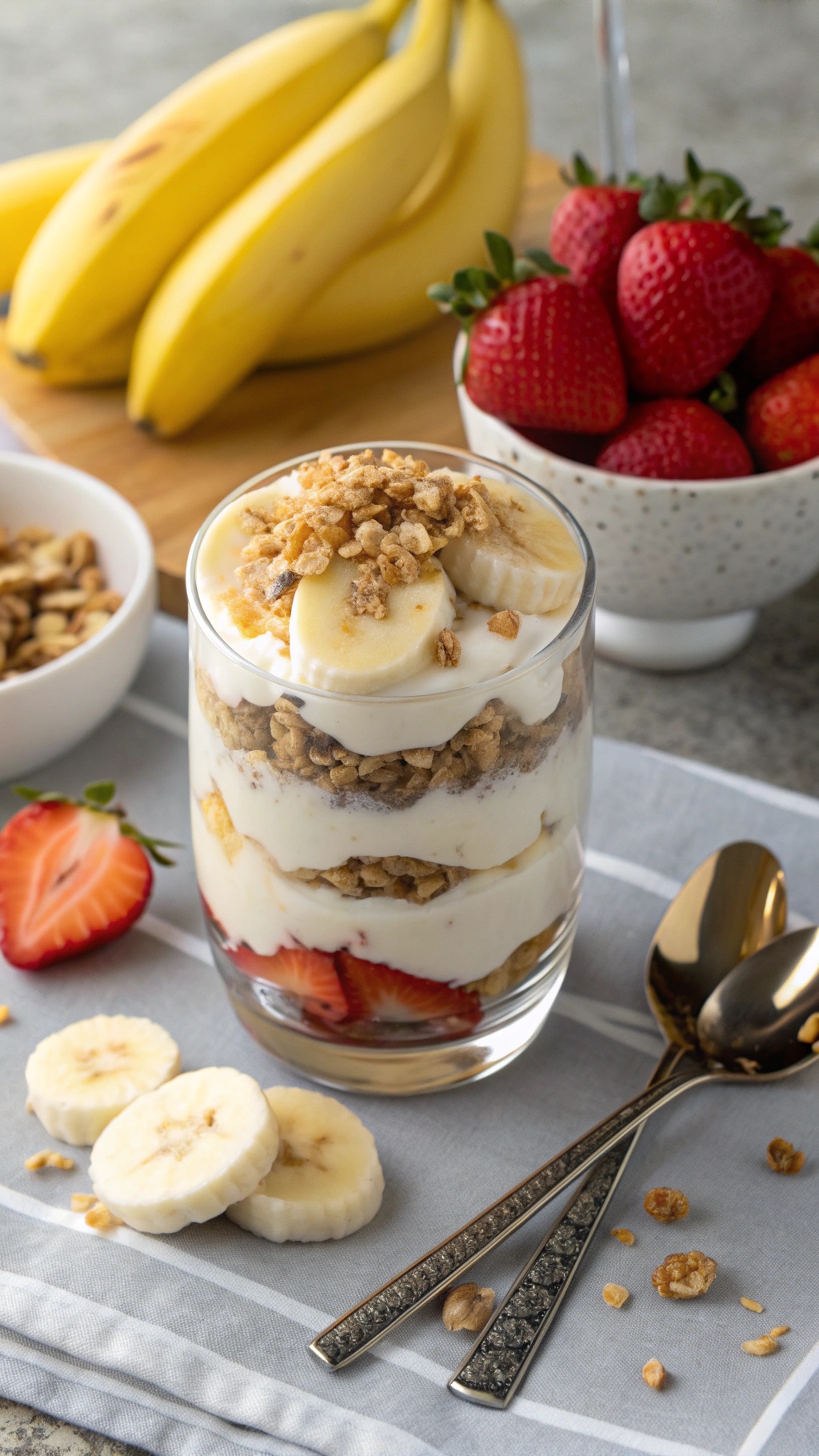 A delicious banana and yogurt parfait with layers of yogurt, granola, banana slices, and strawberries.