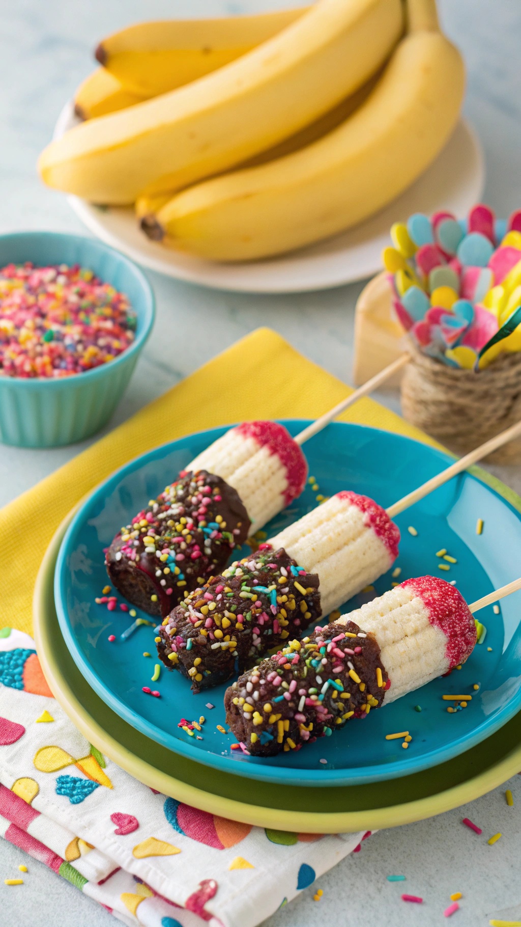 Colorful banana pops dipped in chocolate and sprinkles on a blue plate