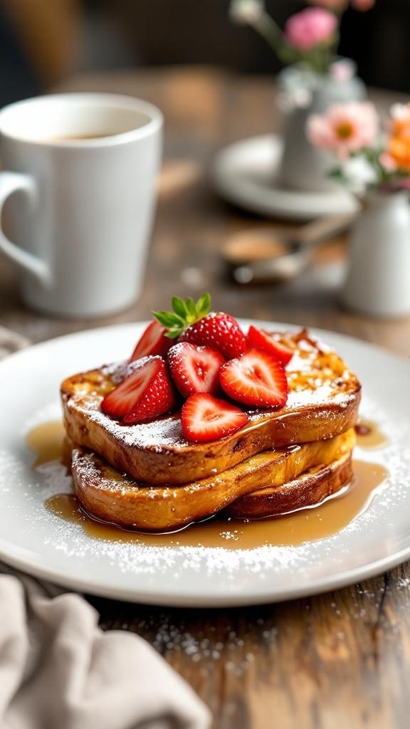 Vegan French toast topped with strawberries and powdered sugar, served with a cup of coffee.