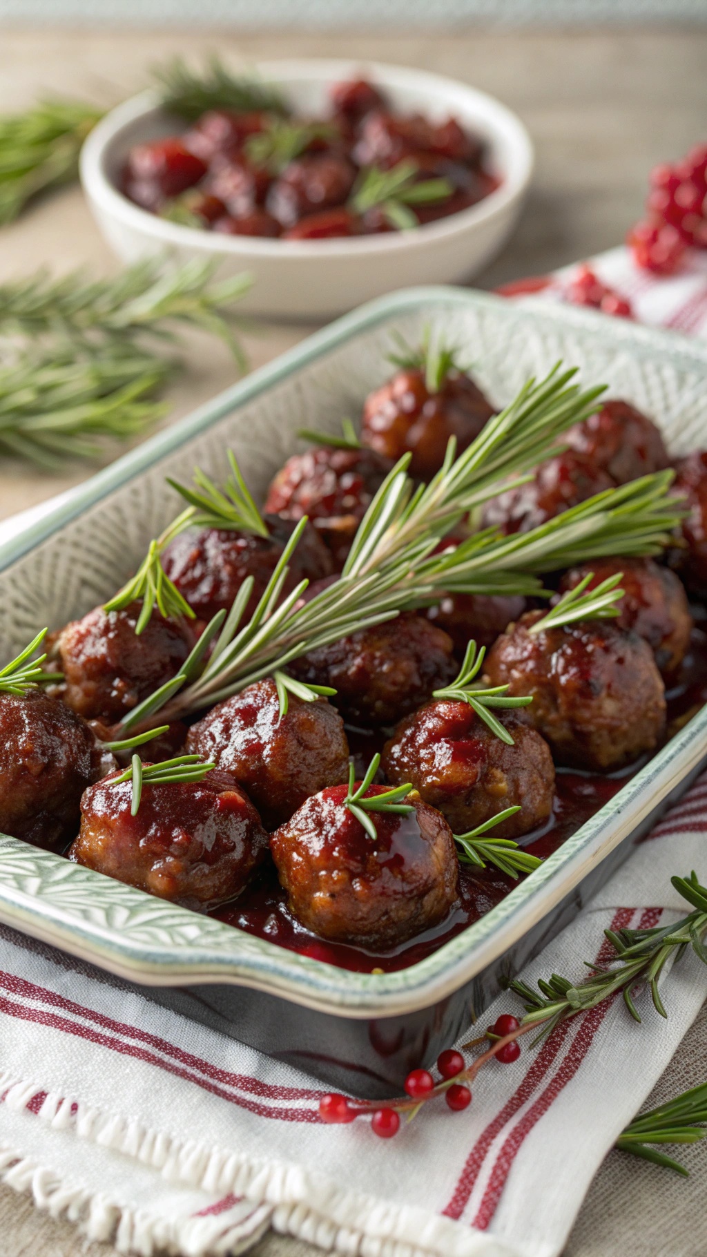 A serving of cranberry glazed meatballs garnished with rosemary, served in a dish.
