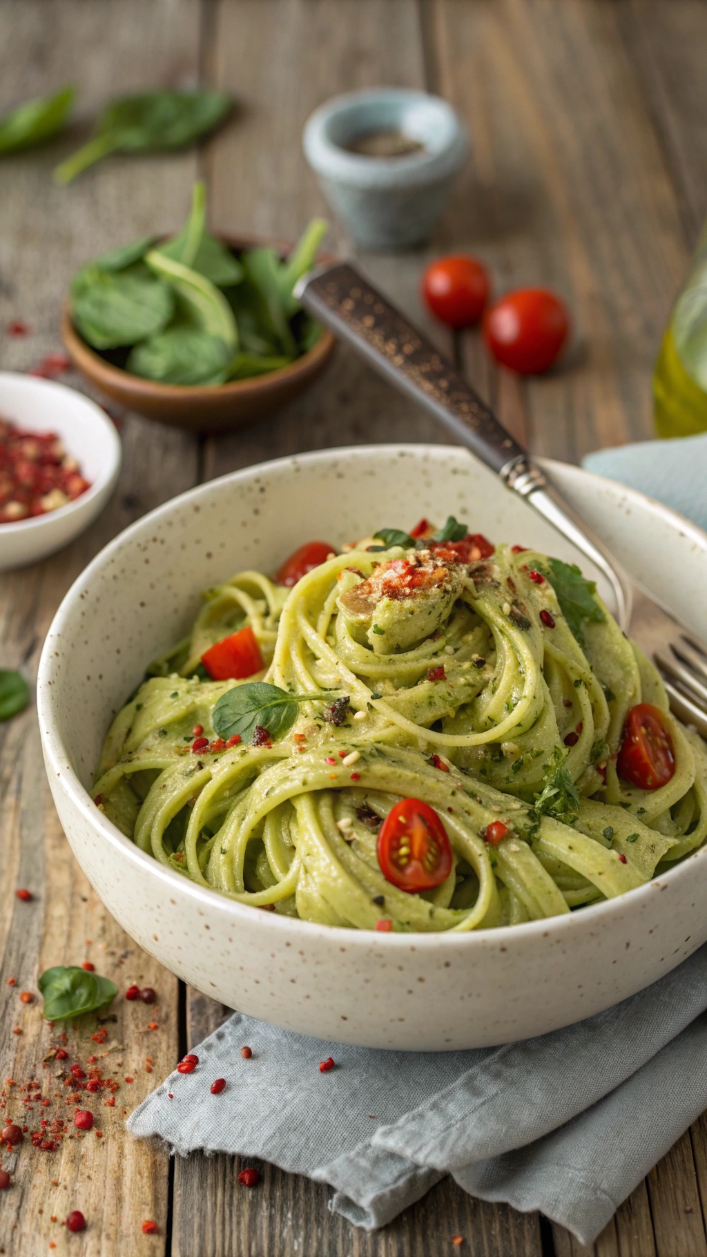 A bowl of creamy avocado pasta with spinach, garnished with cherry tomatoes and red pepper flakes.