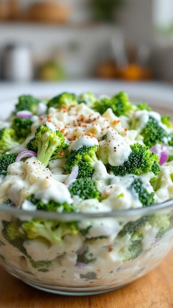 A bowl of creamy broccoli salad with Greek yogurt dressing, garnished with paprika and red onions.