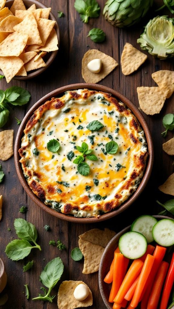 Creamy artichoke and spinach dip served with tortilla chips and fresh vegetables