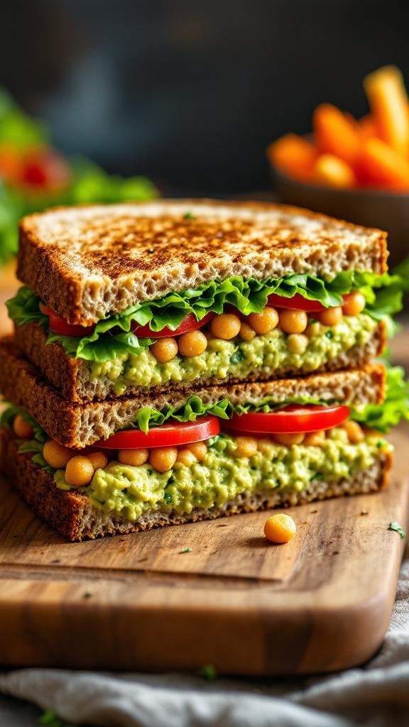 A delicious creamy avocado and chickpea sandwich stacked with fresh lettuce and tomatoes on whole grain bread.