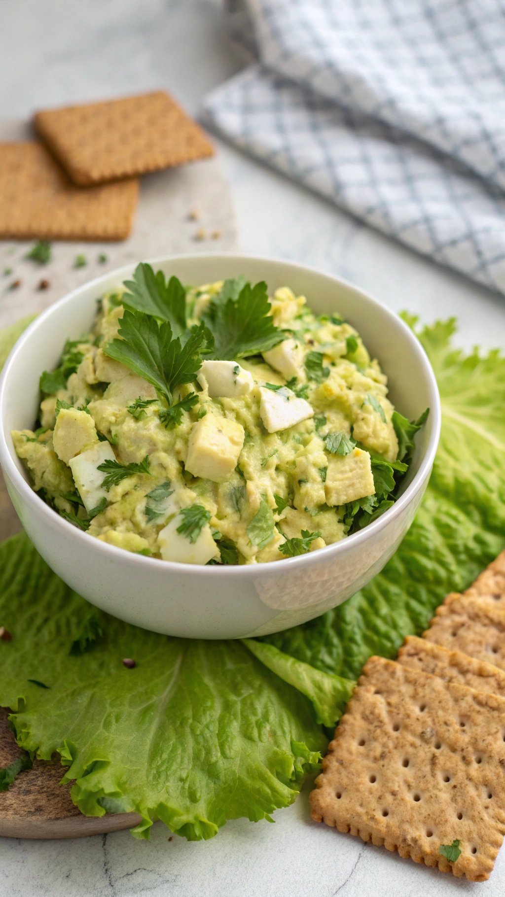 A bowl of creamy avocado and egg salad garnished with cilantro, served with lettuce and crackers.