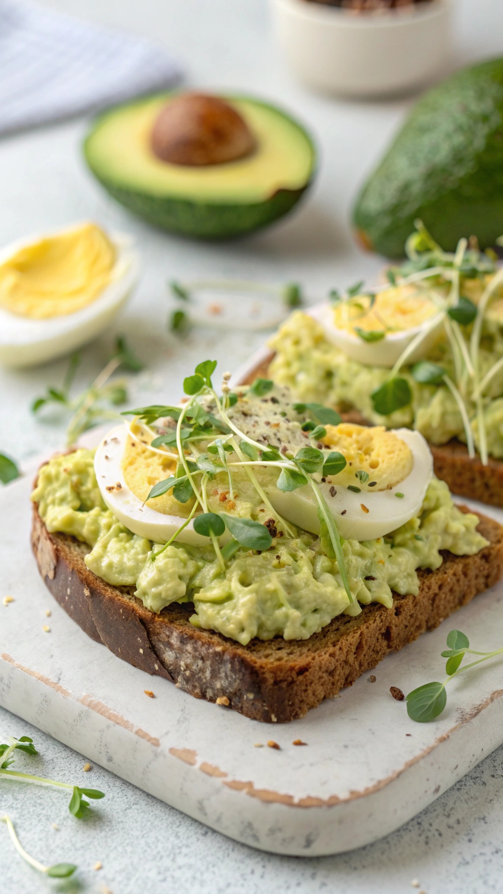 Creamy avocado and egg salad on whole grain bread, garnished with microgreens.
