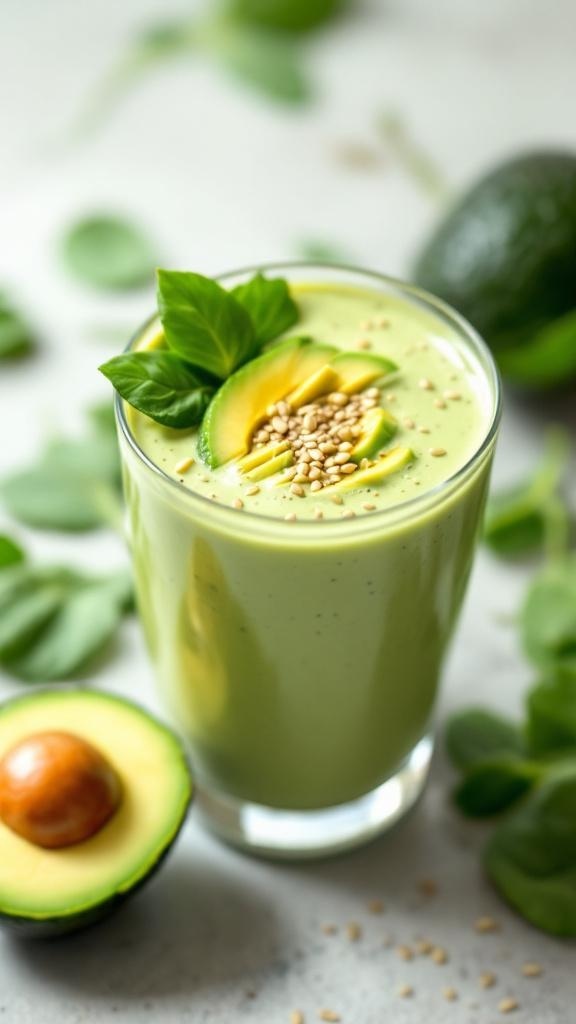 A creamy avocado and spinach smoothie in a glass, garnished with avocado slices and basil leaves, surrounded by fresh spinach and avocados.