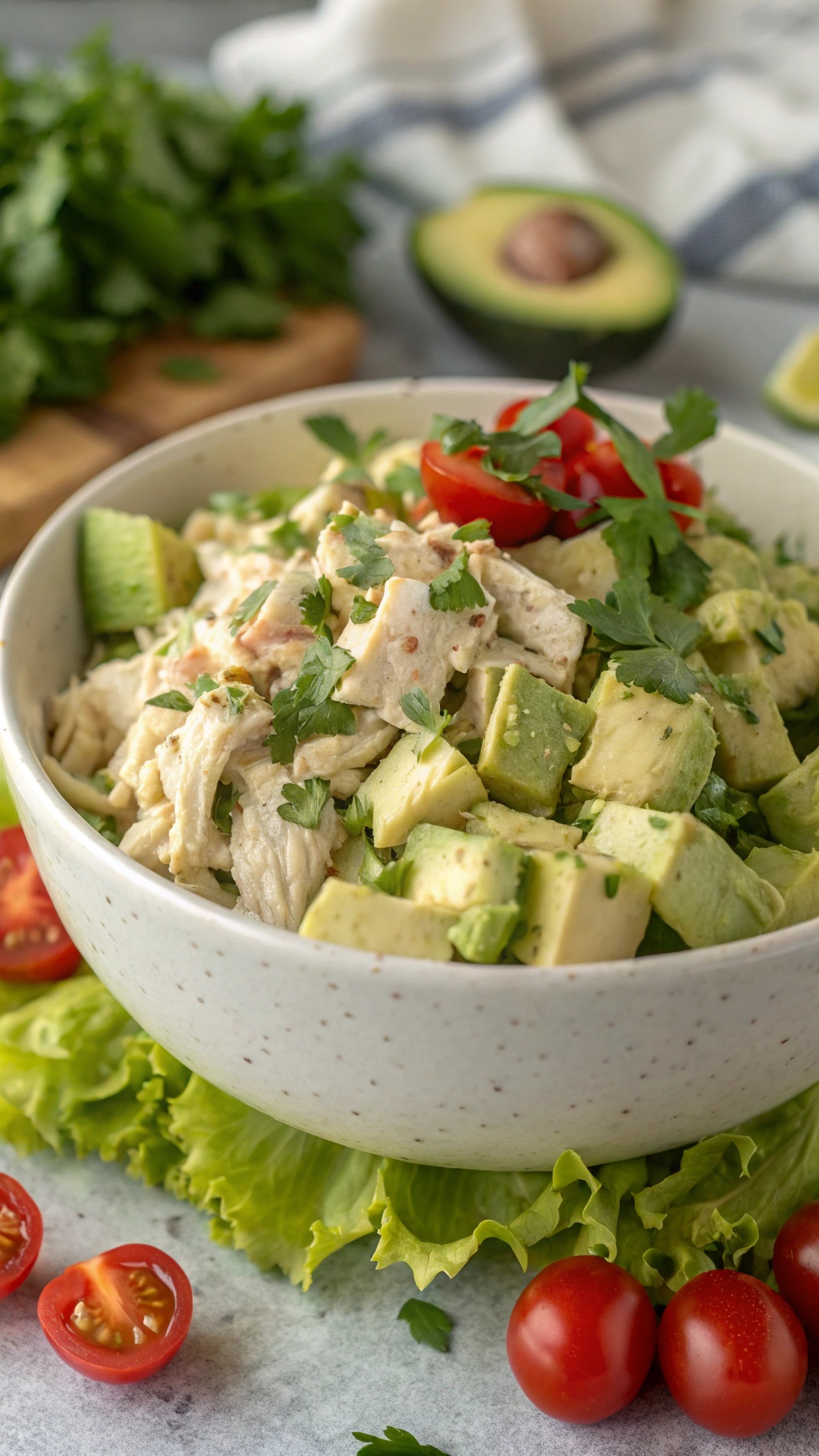 A bowl of creamy avocado chicken salad with shredded chicken, diced avocado, cherry tomatoes, and cilantro.