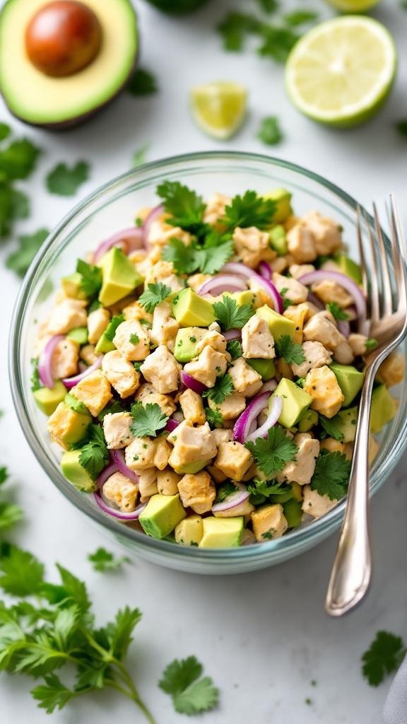A bowl of creamy avocado chicken salad with diced chicken, avocado, red onion, and cilantro.