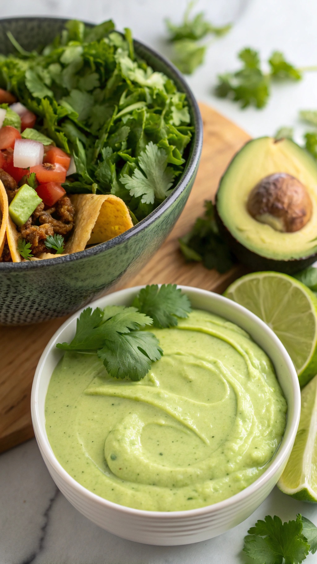 A bowl of creamy avocado cilantro dressing with fresh ingredients around it, including avocado, lime, and cilantro.