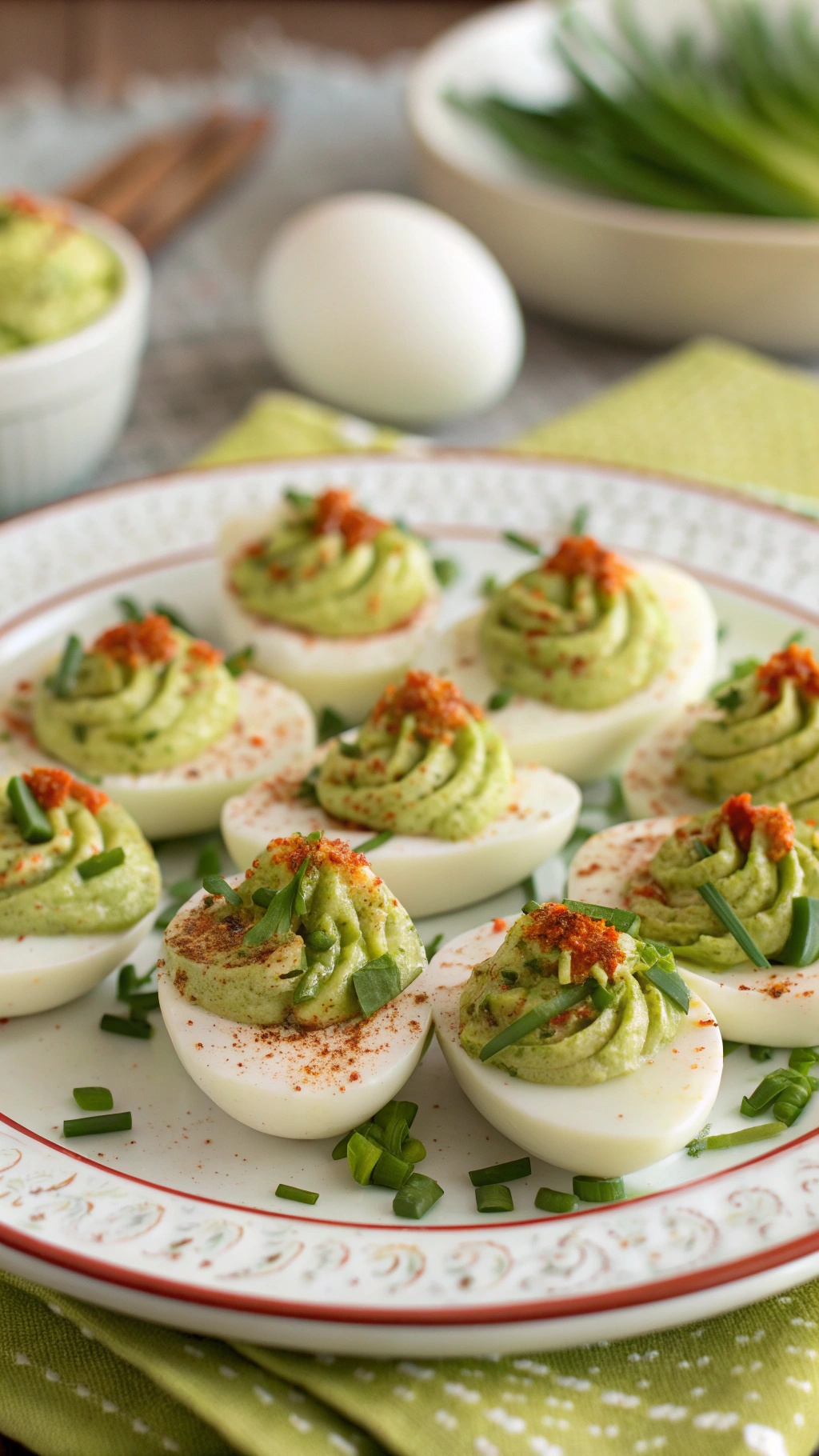 Creamy avocado deviled eggs arranged on a plate with chives and paprika