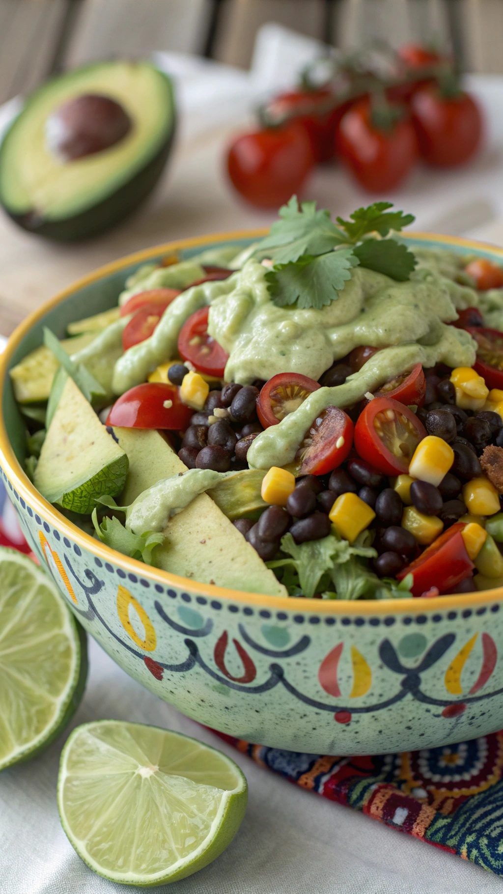 A vibrant bowl of creamy avocado lime taco salad topped with fresh ingredients and a drizzle of avocado dressing.