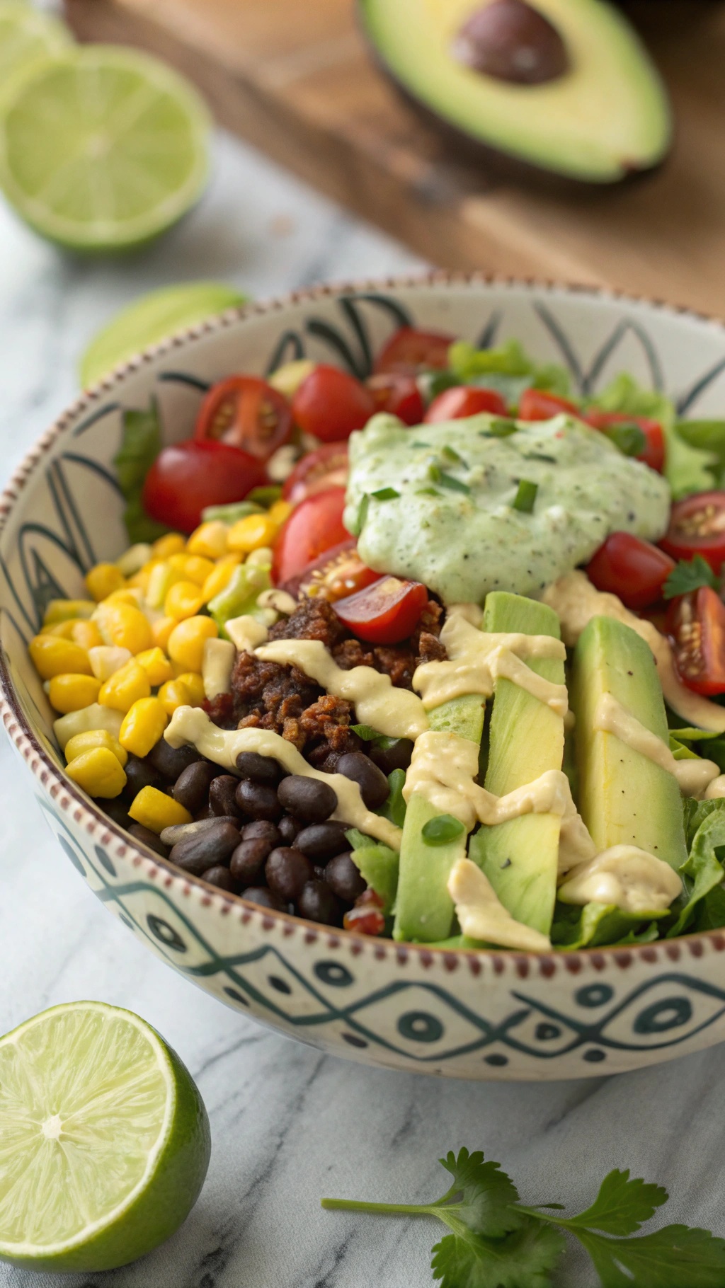 A colorful vegan taco salad with avocado, tomatoes, corn, and black beans in a bowl.