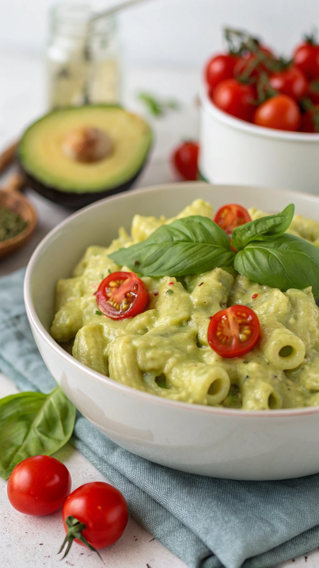 A bowl of creamy avocado mac and cheese topped with cherry tomatoes and basil leaves.