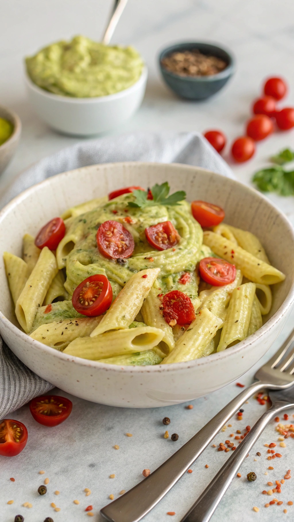 A bowl of creamy avocado pasta topped with cherry tomatoes, garnished with herbs.