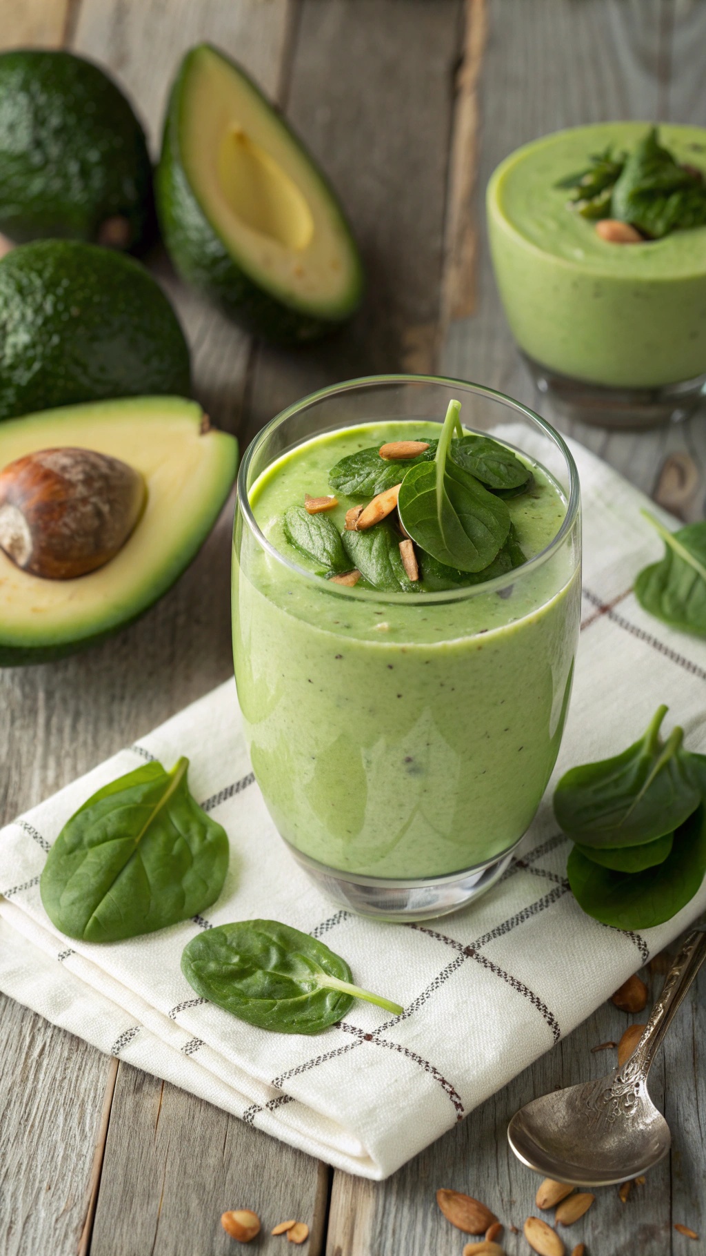 A creamy avocado spinach smoothie in a glass, garnished with spinach leaves and served on a cloth napkin, with whole avocados in the background.