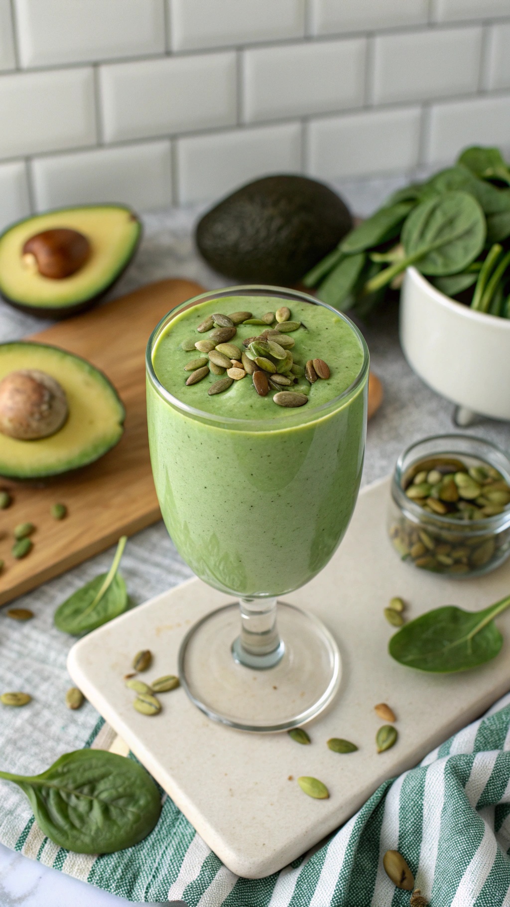 A creamy avocado spinach smoothie topped with pumpkin seeds, surrounded by fresh ingredients.