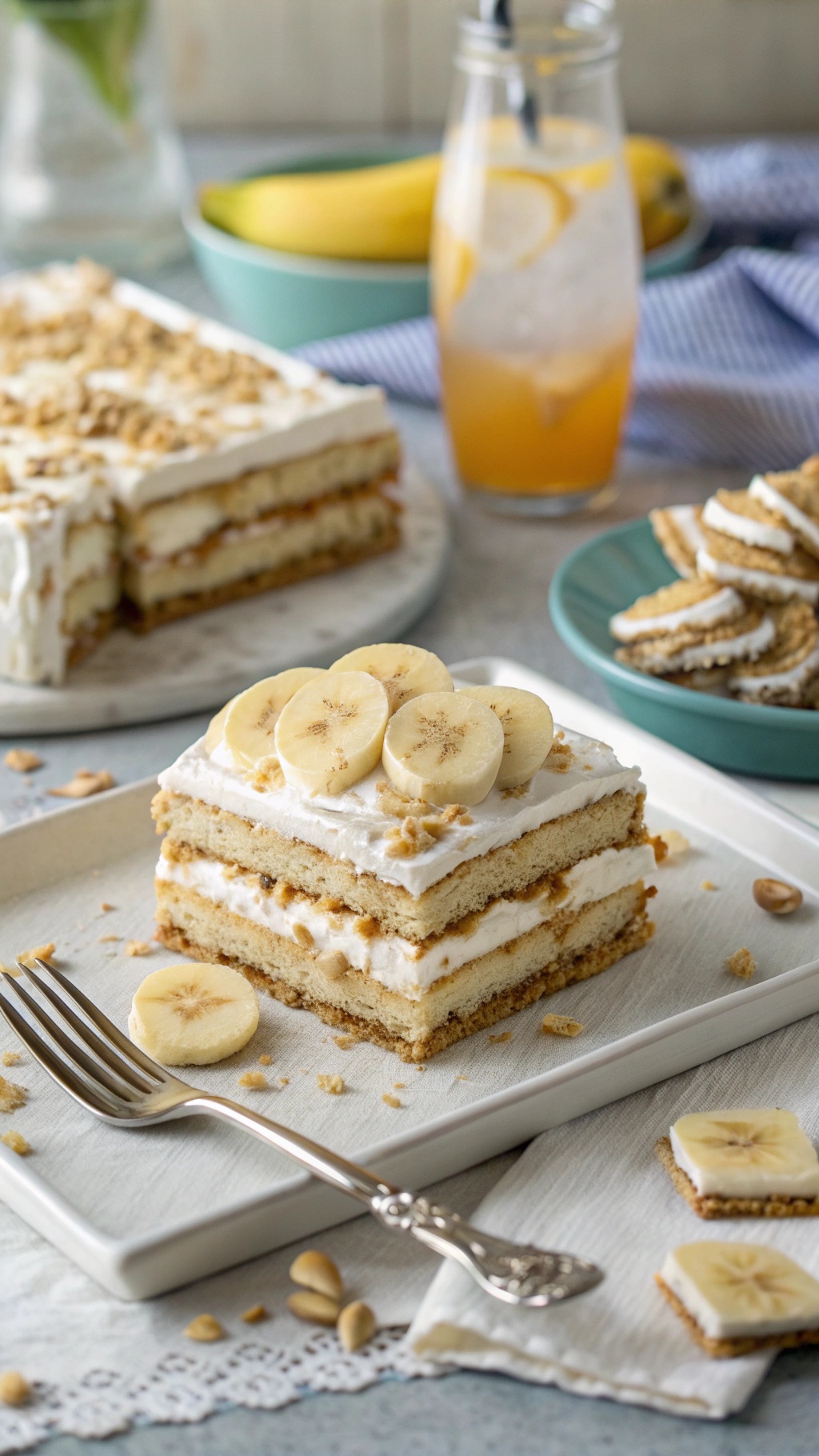 A slice of creamy banana icebox cake topped with banana slices, served on a plate with a fork beside it.