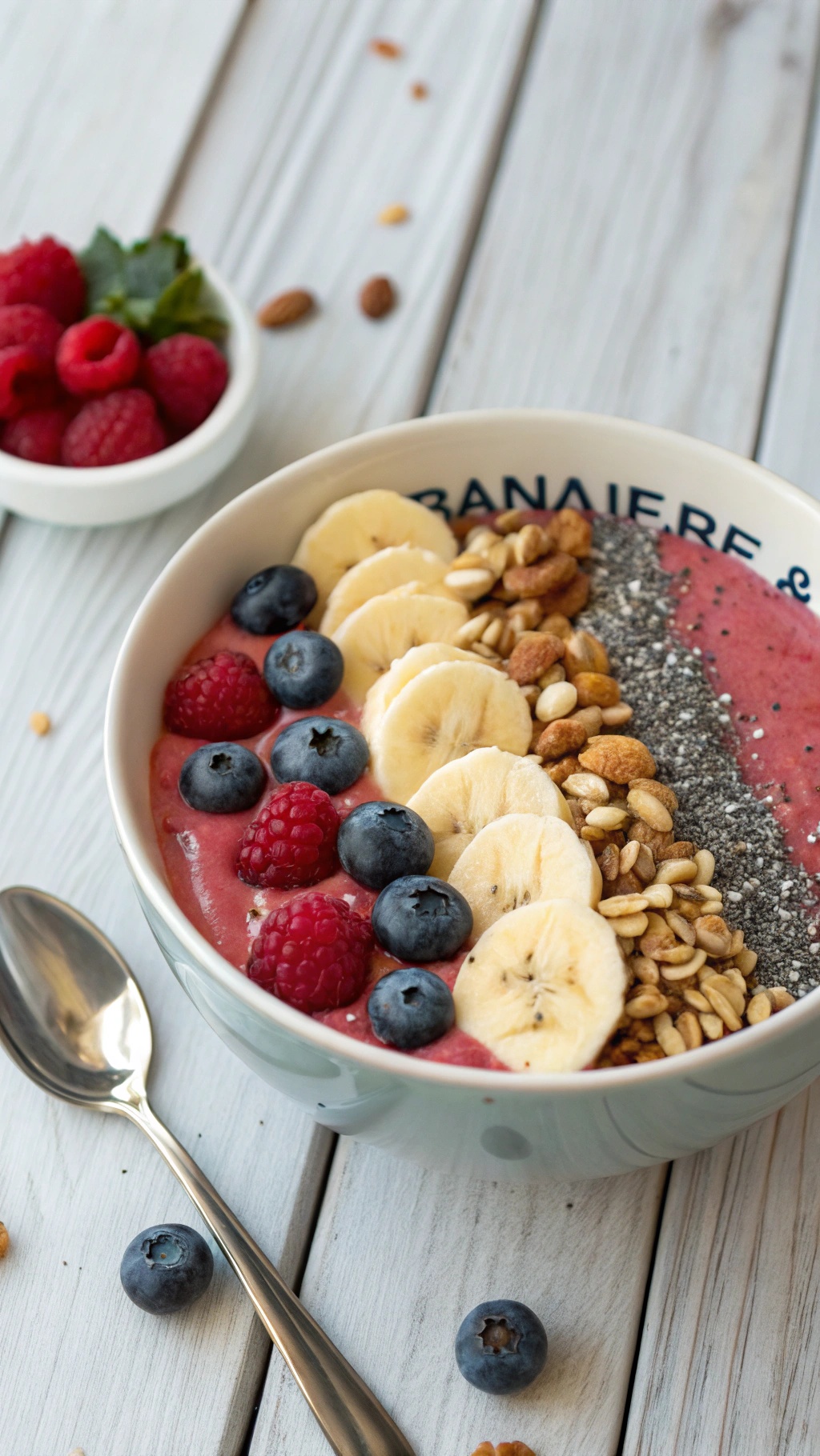 A colorful banana protein smoothie bowl topped with sliced bananas, blueberries, raspberries, granola, and chia seeds.