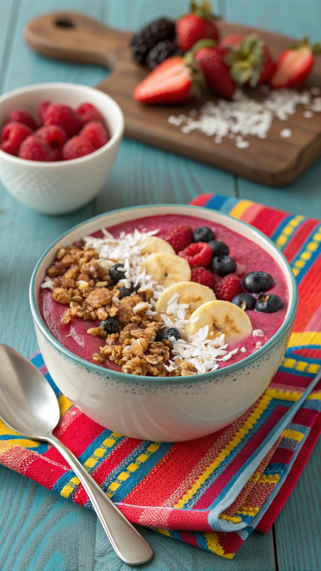 A creamy banana smoothie bowl topped with granola, sliced bananas, blueberries, and raspberries, served on a colorful cloth.