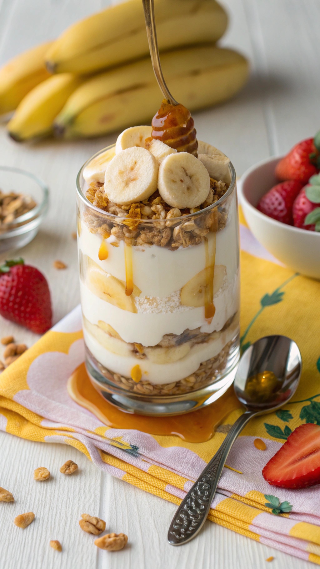 A creamy banana yogurt parfait with layers of yogurt, granola, and banana slices, topped with honey and fresh strawberries.