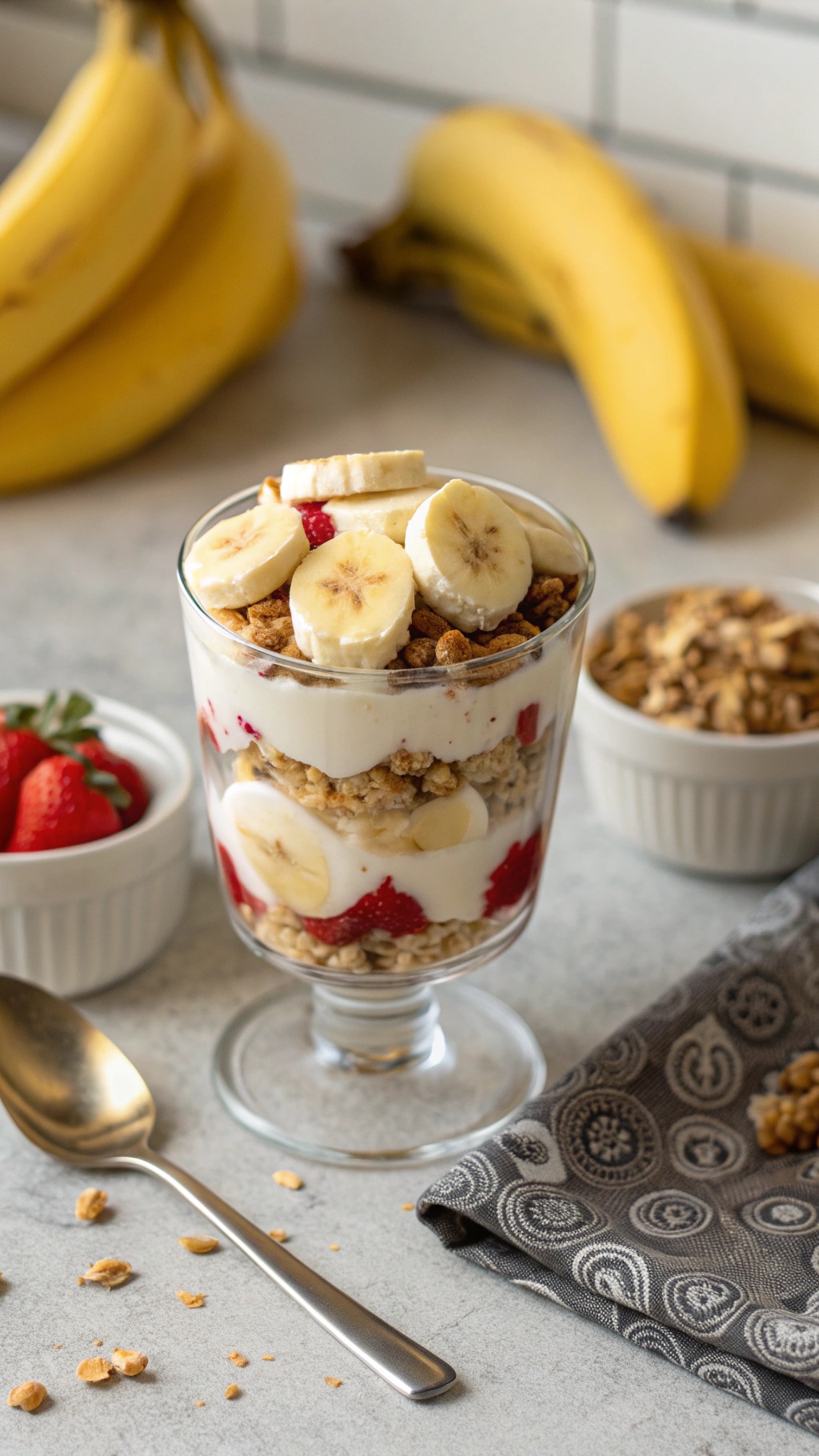 A creamy banana yogurt parfait with layers of yogurt, bananas, strawberries, and granola in a glass.