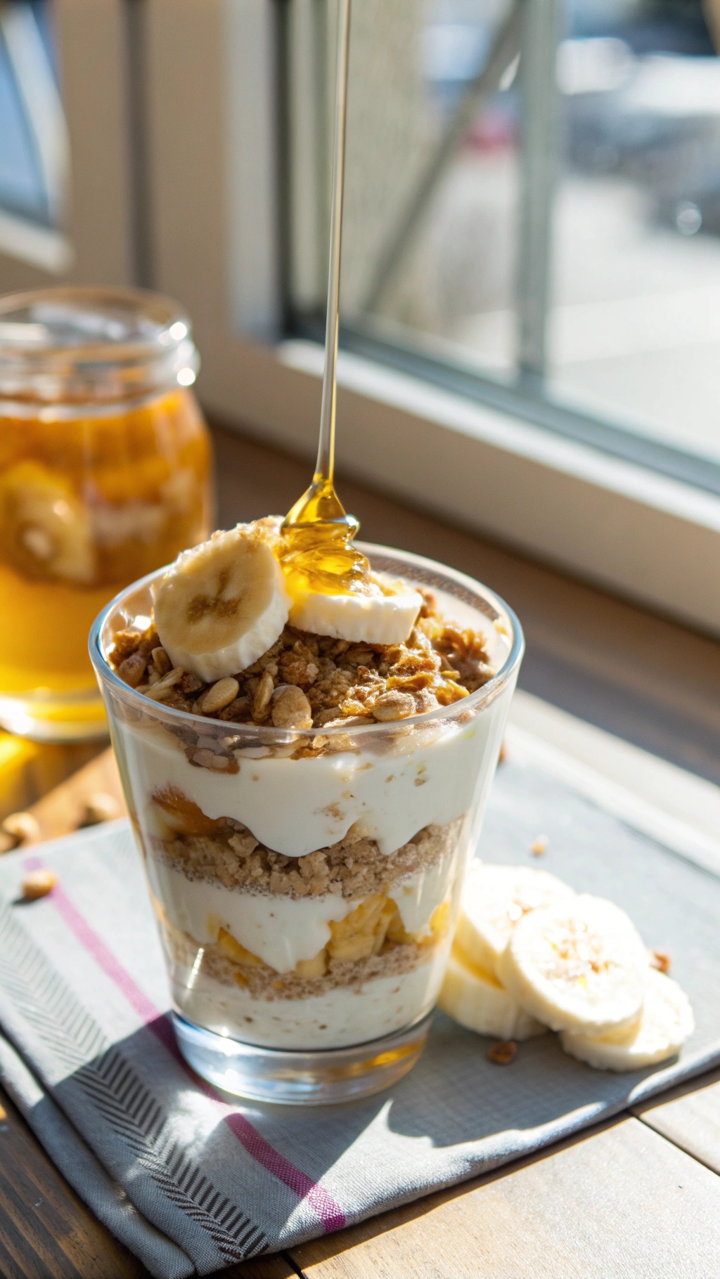 A delicious banana yogurt parfait with layers of yogurt, granola, and banana slices, topped with honey.
