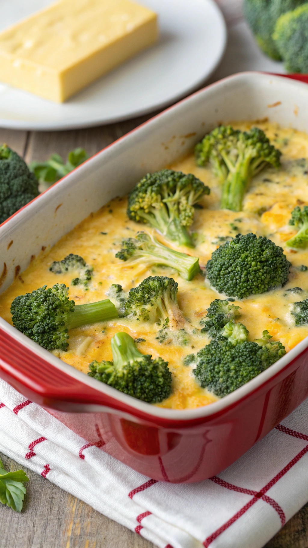 A creamy broccoli and cheese bake in a red baking dish, topped with fresh broccoli florets.