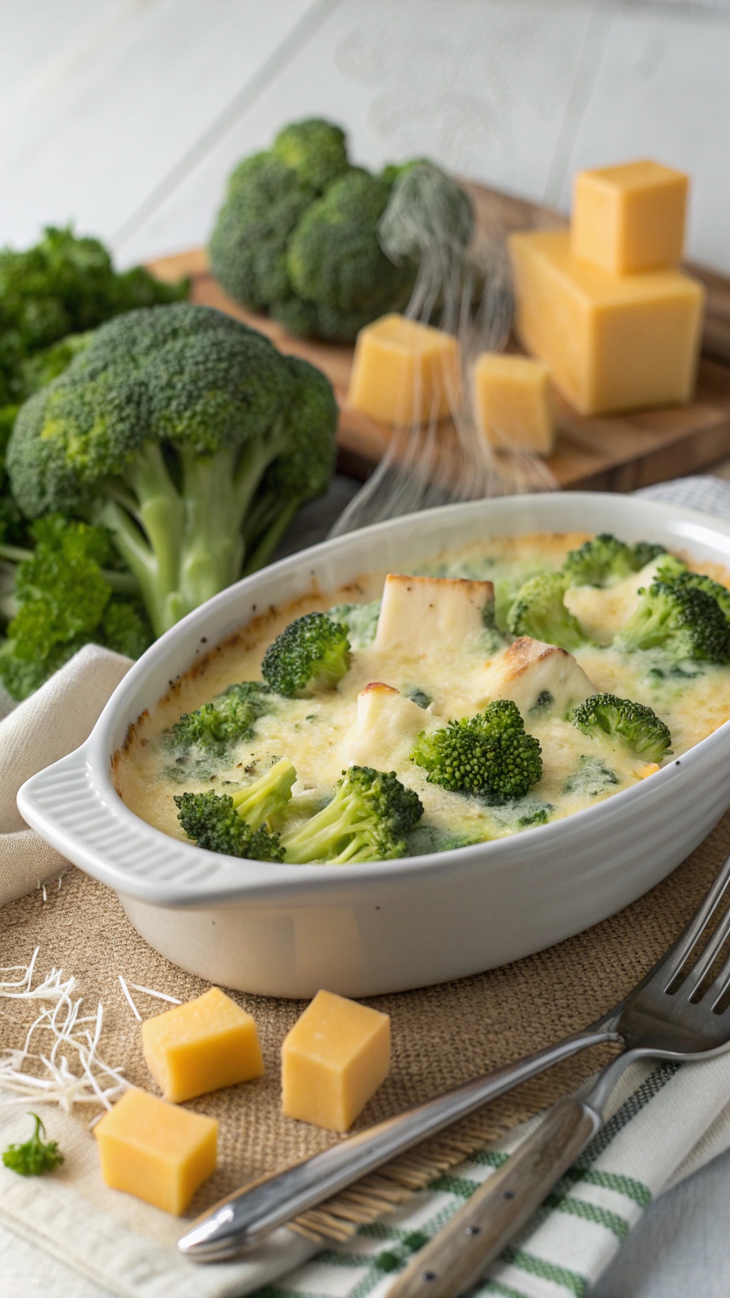 A creamy broccoli and cheese egg bake in a white dish, surrounded by fresh broccoli and cheese cubes.
