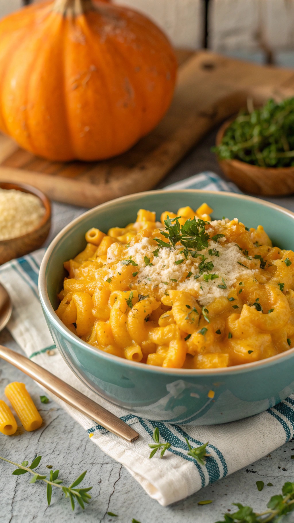 A bowl of creamy butternut squash mac and cheese topped with cheese and herbs, with a pumpkin in the background.