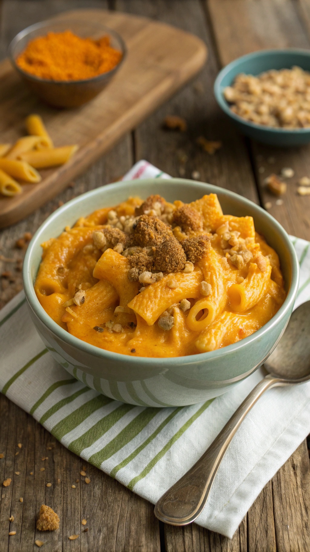 Creamy butternut squash mac and cheese in a bowl, topped with crunchy bits, surrounded by pasta and spices.