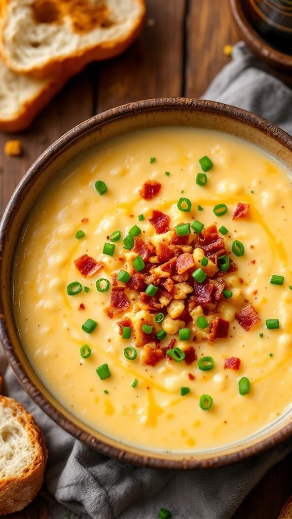 A bowl of creamy cauliflower and cheddar soup topped with bacon and green onions, with slices of bread on the side.