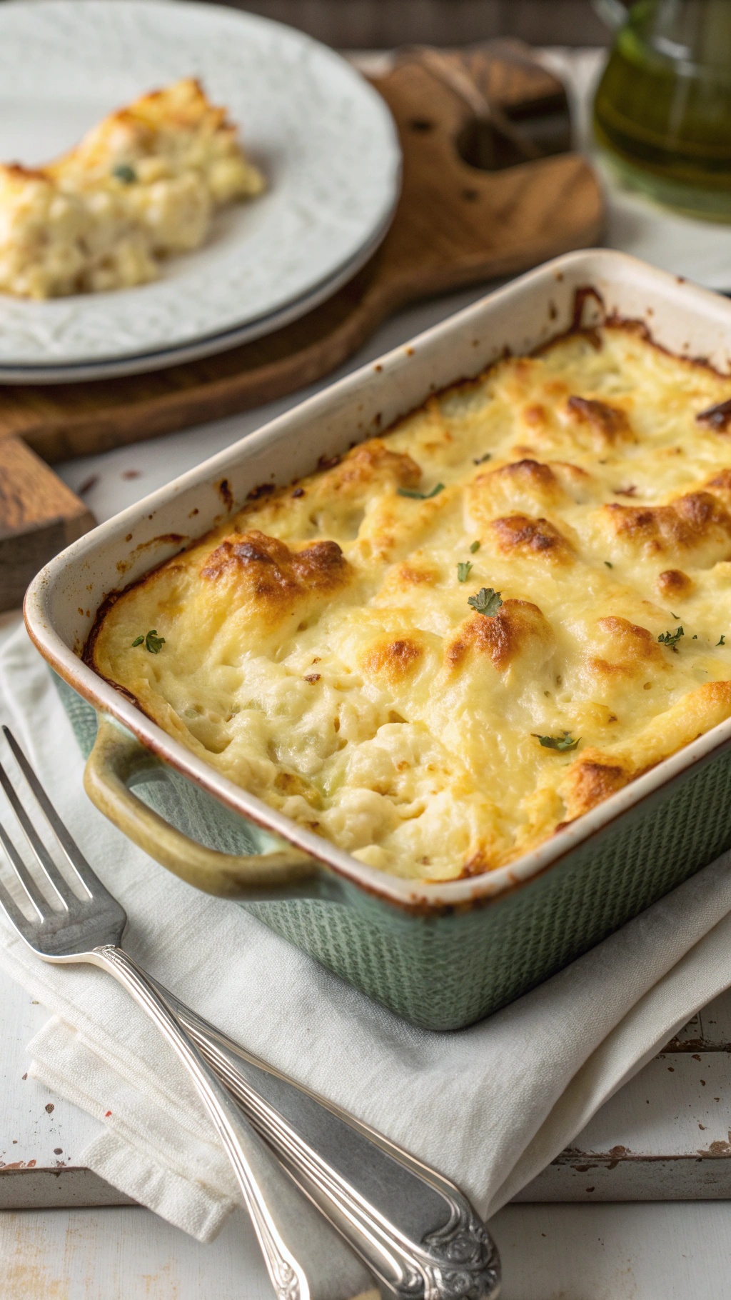 A creamy cauliflower and cheese casserole in a baking dish, with a slice served on a plate beside it.
