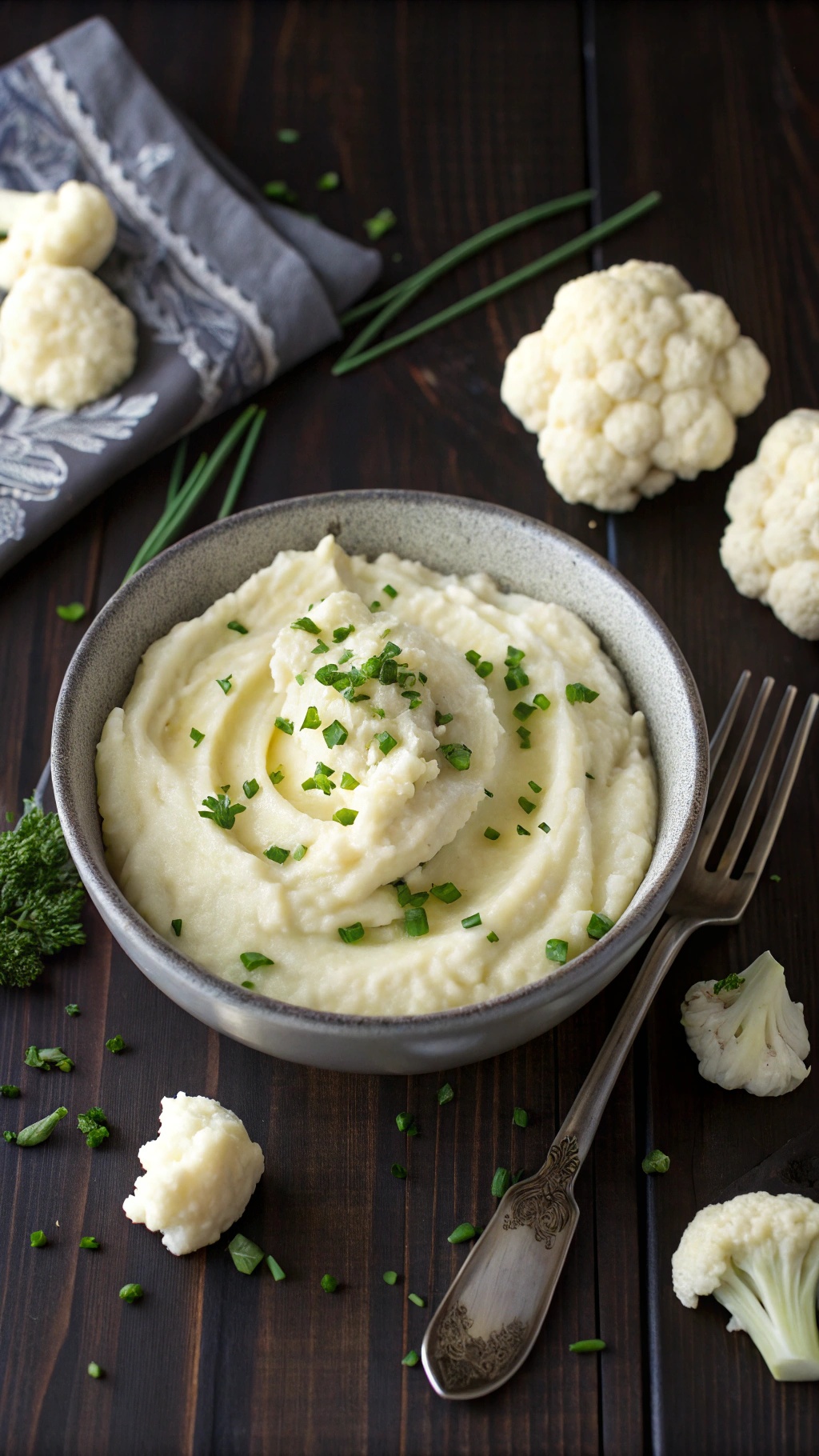 A bowl of creamy cauliflower mash topped with chives, surrounded by cauliflower florets on a wooden table.