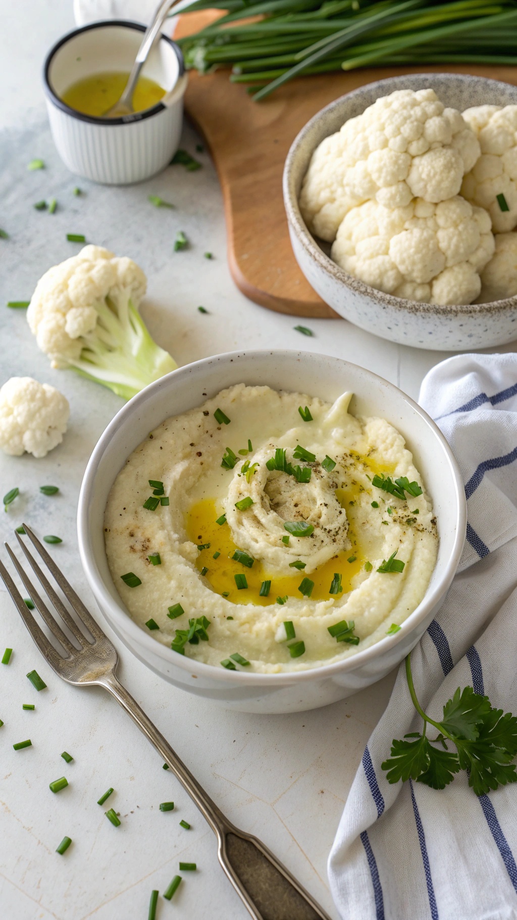 A bowl of creamy cauliflower mash topped with chives and olive oil, with fresh cauliflower florets and a fork beside it.