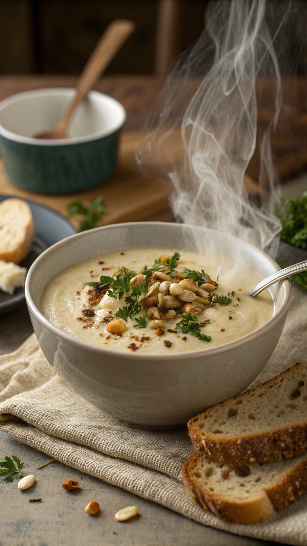 A bowl of creamy cauliflower soup topped with pine nuts and parsley, with slices of bread on the side.