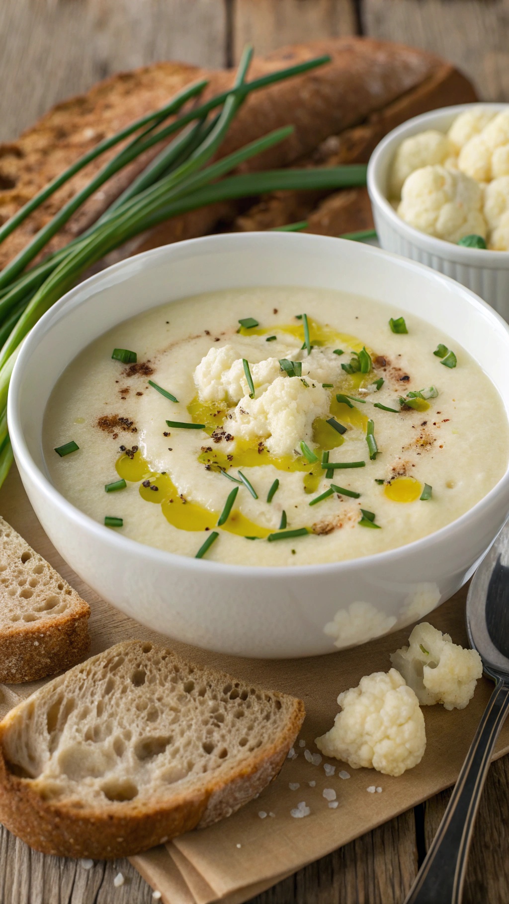 Bowl of creamy cauliflower soup with chives and olive oil, served with bread.