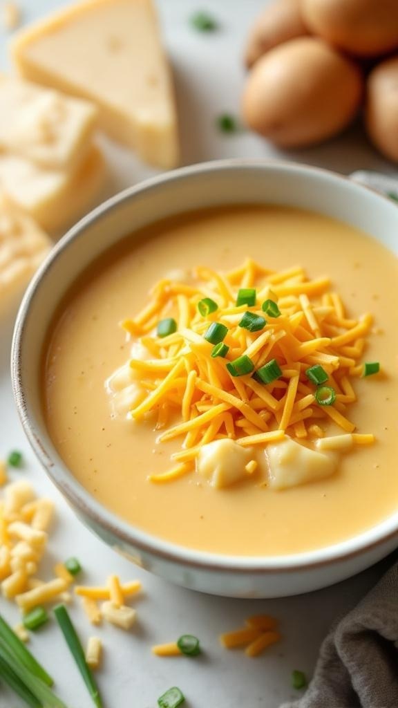 A bowl of creamy cheddar potato soup topped with shredded cheese and green onions, surrounded by cheese and eggs.