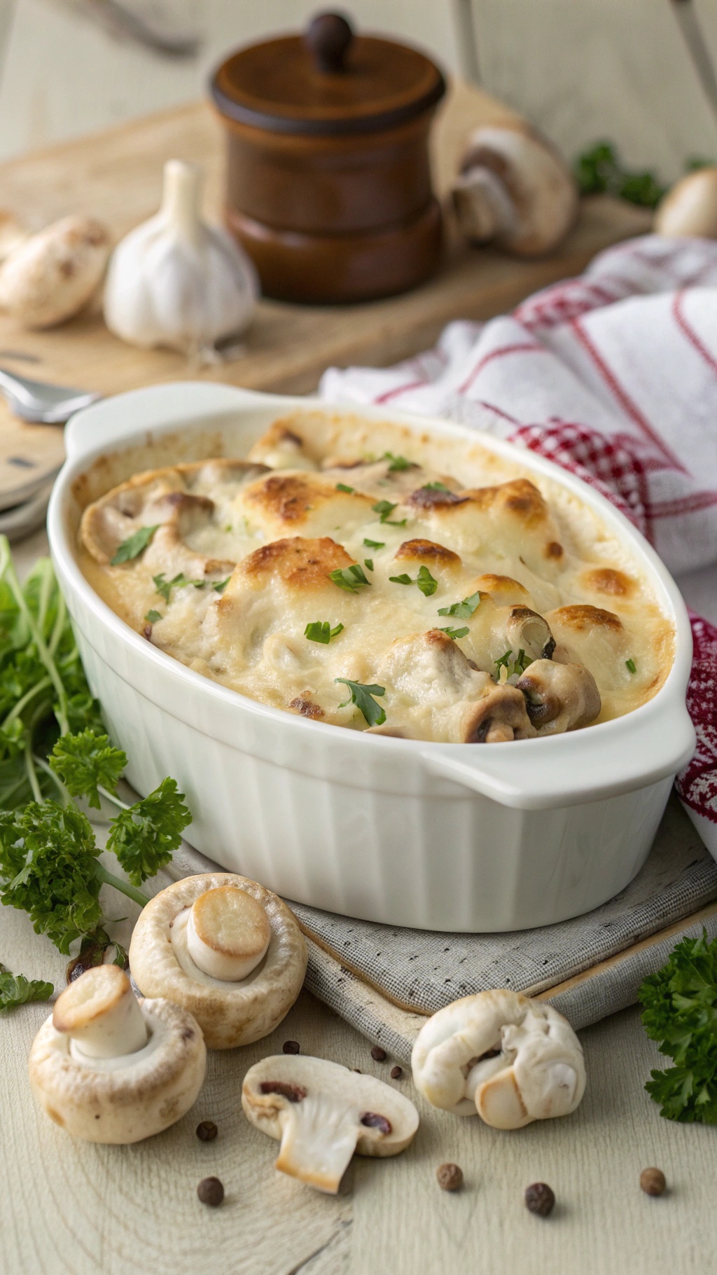 A creamy chicken and mushroom casserole topped with melted cheese and garnished with parsley, surrounded by fresh mushrooms and garlic.