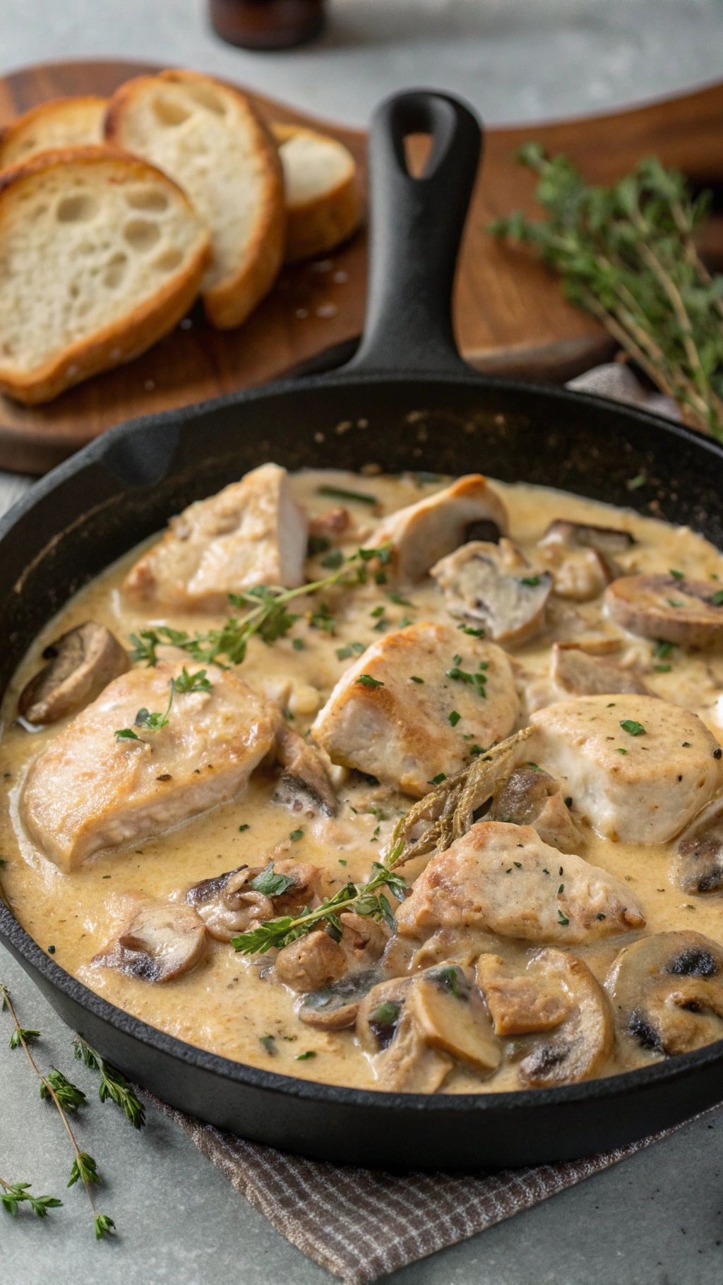 A creamy chicken and mushroom dish in a skillet with slices of bread on the side
