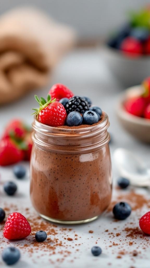 A jar of creamy chocolate chia pudding topped with fresh strawberries and blueberries.