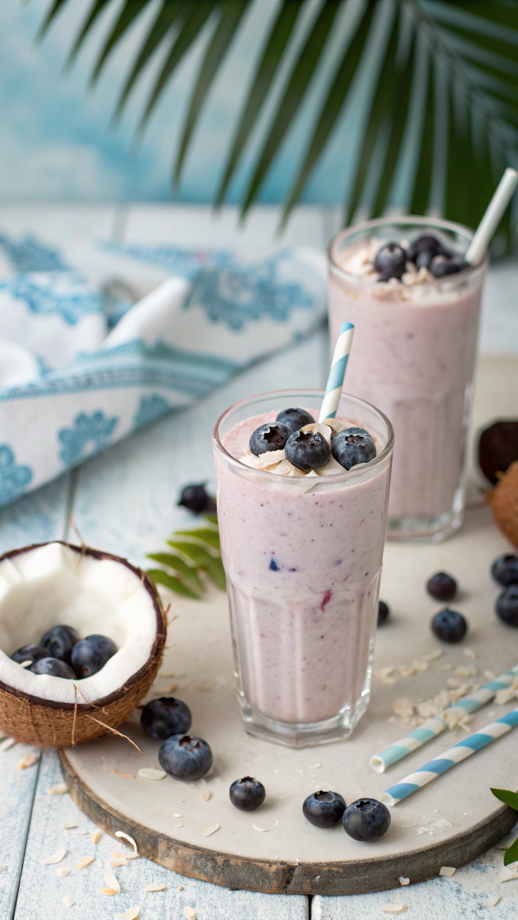 A creamy coconut and blueberry smoothie served in glasses, garnished with blueberries and coconut flakes.