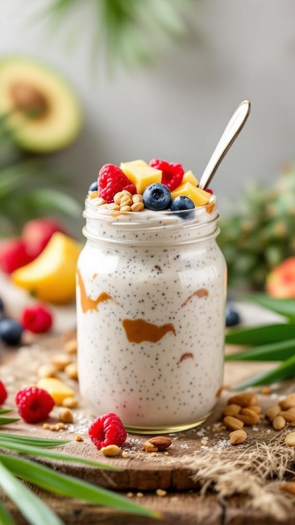 A jar of creamy coconut chia pudding topped with fresh fruits like mango, blueberries, and raspberries, set on a wooden surface.